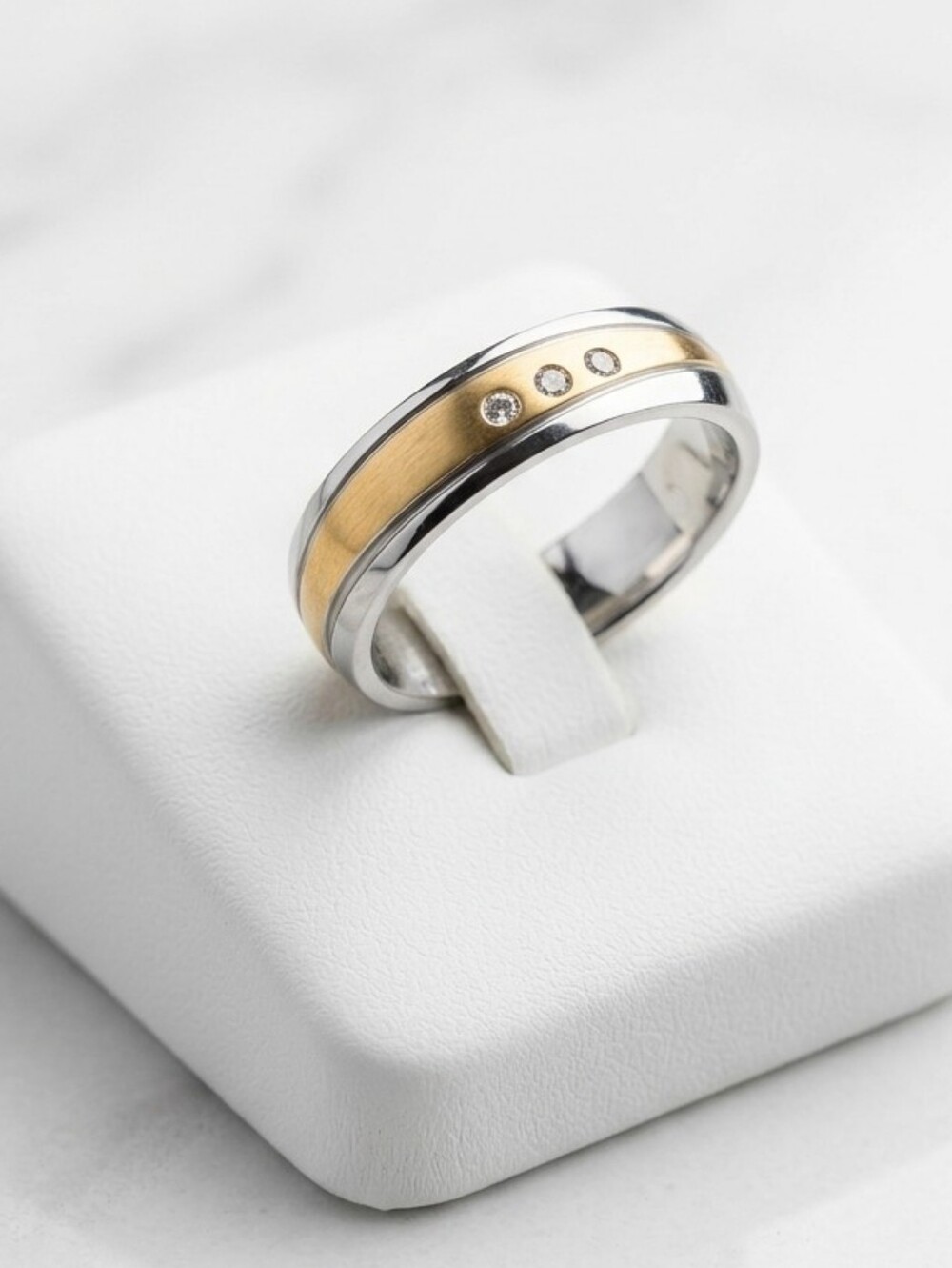 Two-Tone Stainless Steel  Gold Plated  Band Ring with Accent Stones